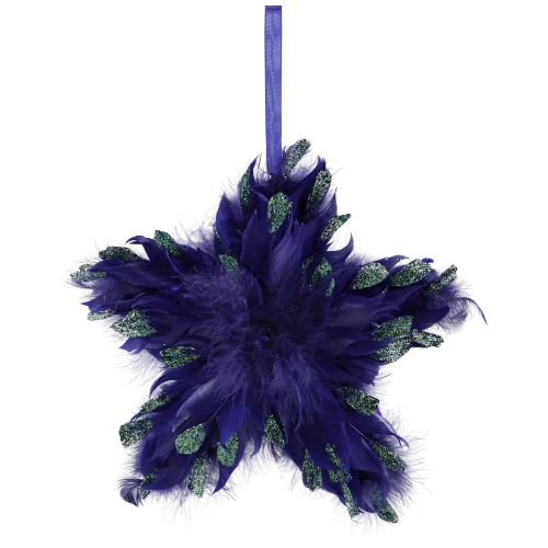 Plush Glittery Peacock Feather Star Shaped Christmas Ornament - 9" - Blue