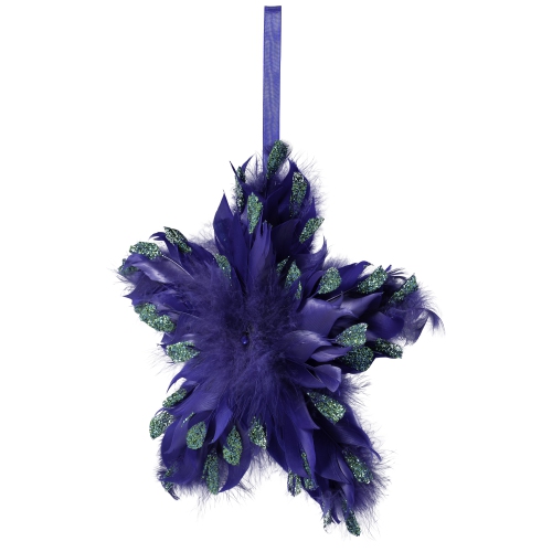 Plush Glittery Peacock Feather Star Shaped Christmas Ornament - 9" - Blue