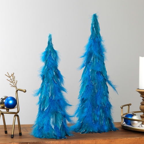 Small Two-Tone Layered Feathers Cone Tree Christmas Decoration - 16" - Turquoise
