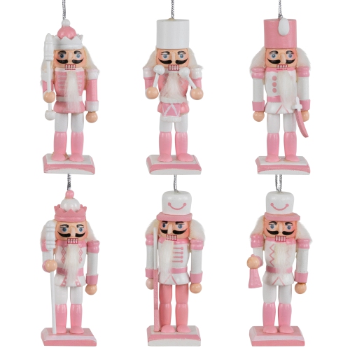 Nutcracker Soldier Christmas Ornaments - 3.25" - Pink and White - Set of 6