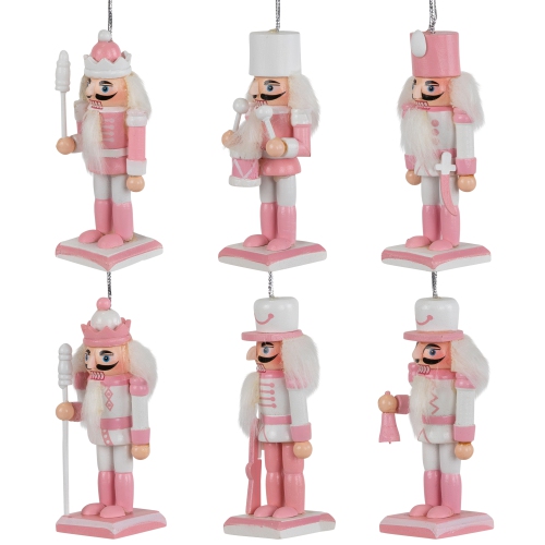 Nutcracker Soldier Christmas Ornaments - 3.25" - Pink and White - Set of 6