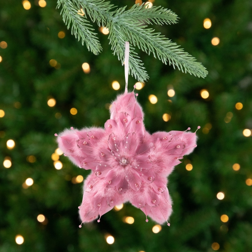 NORTHLIGHT  Plush Feather Star Glittered Christmas Ornament With Hearts -12" - In Pink