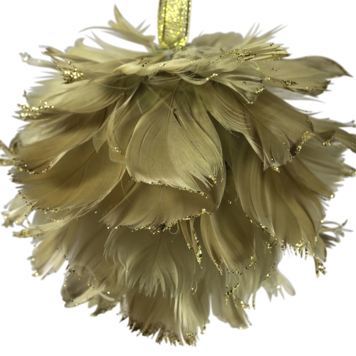 Glittered Feathers Christmas Ball Ornament - 6" - Tan