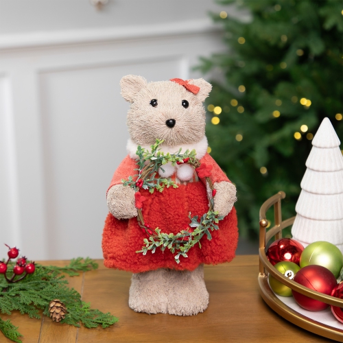 NORTHLIGHT  Woodland Girl Bear Holding Wreath Christmas Figure - 10"