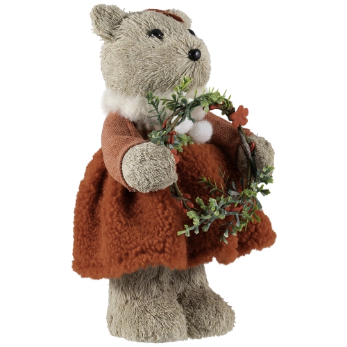Woodland Girl Bear Holding Wreath Christmas Figure - 10"