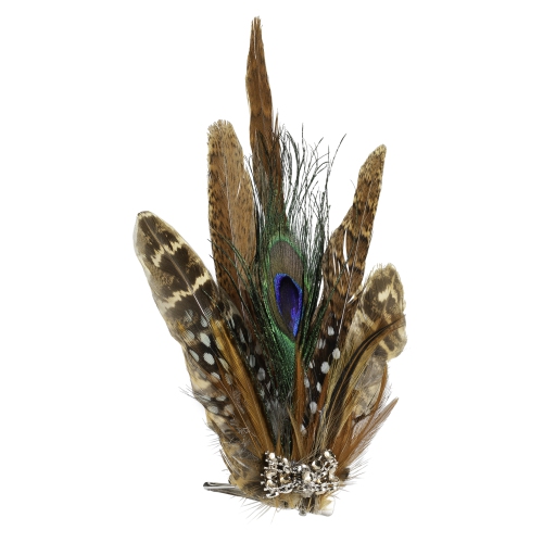 Peacock Feather Christmas Clip-On Ornament - 6" - Brown, White and Green