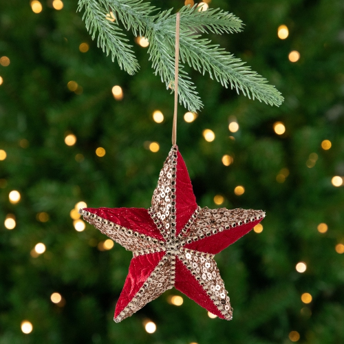 Sequined and Velveteen 5-Point Star Christmas Ornament - 6" - Gold and Red
