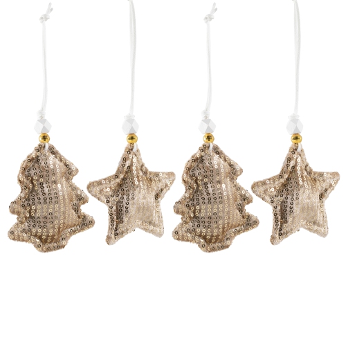 Sequin Stars and Trees Plush Christmas Ornaments - 4" - Gold - Set of 4