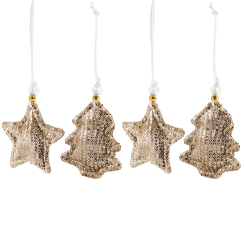 Sequin Stars and Trees Plush Christmas Ornaments - 4" - Gold - Set of 4