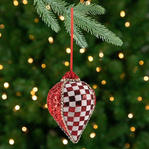 Sequined and Checkered Teardrop Christmas Ornaments - 4.75" - Red - Set of 2