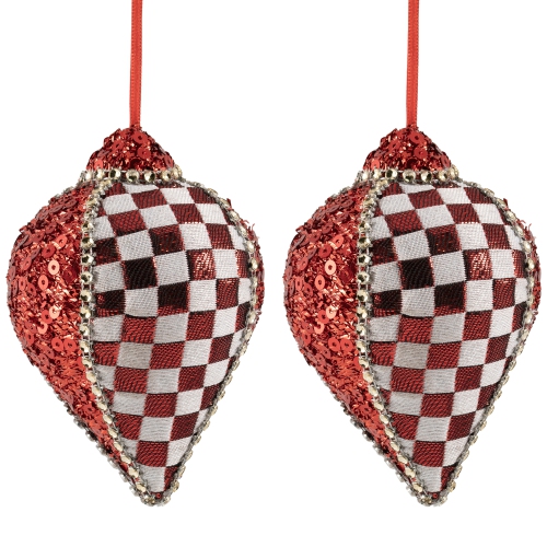 Sequined and Checkered Teardrop Christmas Ornaments - 4.75" - Red - Set of 2