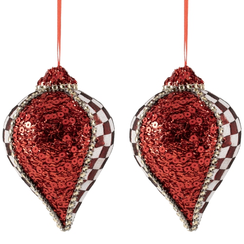 Sequined and Checkered Teardrop Christmas Ornaments - 4.75" - Red - Set of 2