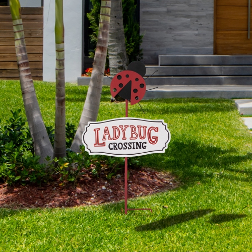 Ladybug Crossing Metal Outdoor Garden Stake - 23"