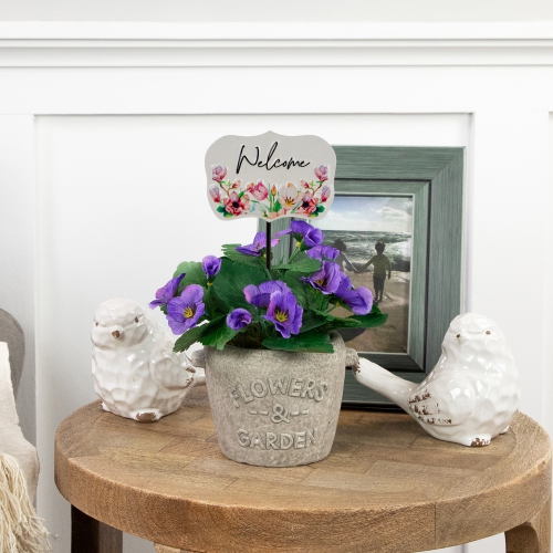 Floral Welcome Outdoor Yard Metal Garden Stake - 8" - White