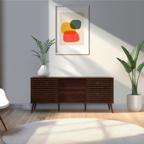 CorLiving Walnut Faux Wood TV Stand with Slatted Doors and Drawers for Most TVs up to 65''