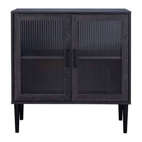 CorLiving Ethan Distressed Dark Gray 2 Fluted Glass Door Compact Sideboard Buffet with Shelves