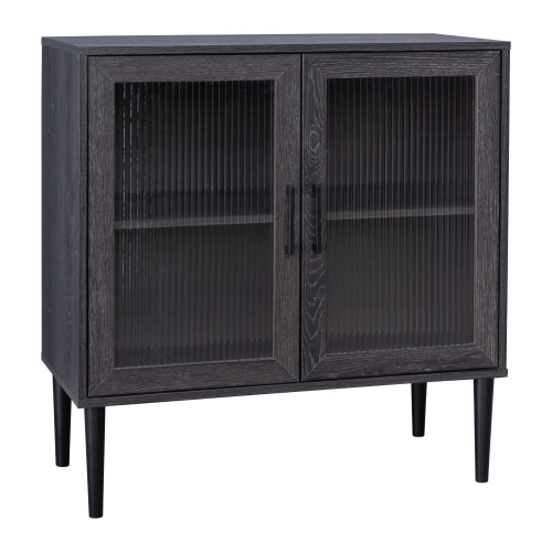 CorLiving Ethan Distressed Dark Gray 2 Fluted Glass Door Compact Sideboard Buffet with Shelves