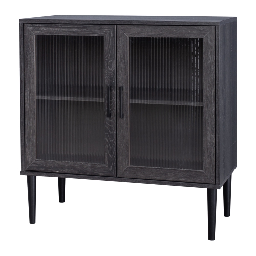 CorLiving Ethan Distressed Dark Gray 2 Fluted Glass Door Compact Sideboard Buffet with Shelves
