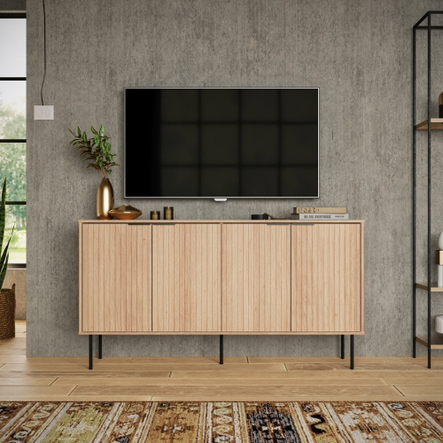 Buffet cannelé large pour téléviseur 62&nbsp;po Lysander de CorLiving avec quatre portes et tablettes intérieures