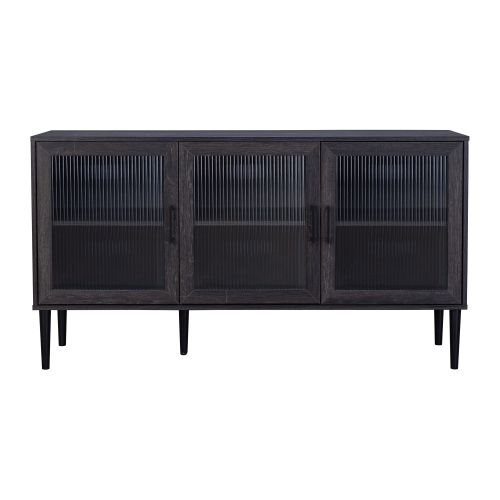 CorLiving Ethan Distressed Dark Gray 3 Fluted Glass Door Sideboard Buffet with Shelves