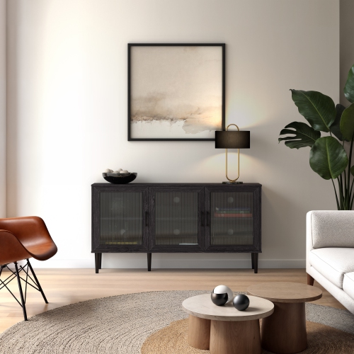 CorLiving Ethan Distressed Dark Gray 3 Fluted Glass Door Sideboard Buffet with Shelves
