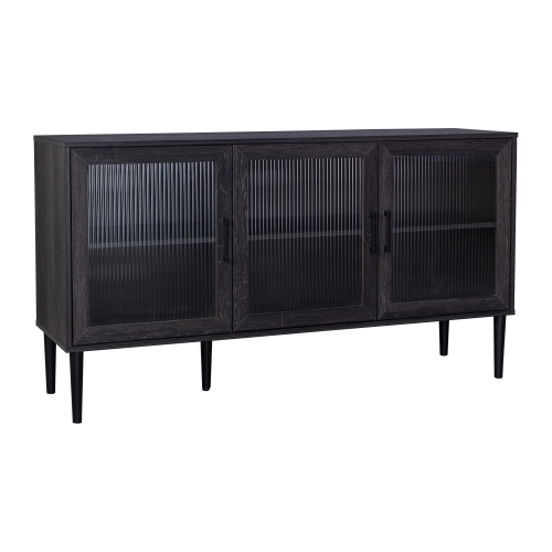 CorLiving Ethan Distressed Dark Gray 3 Fluted Glass Door Sideboard Buffet with Shelves