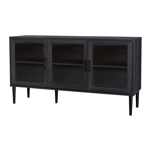 CorLiving Ethan Distressed Dark Gray 3 Fluted Glass Door Sideboard Buffet with Shelves