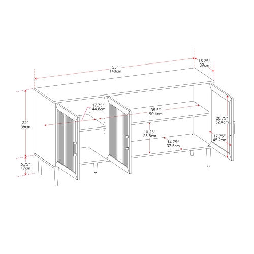 CorLiving Ethan Distressed Dark Gray 3 Fluted Glass Door Sideboard Buffet with Shelves