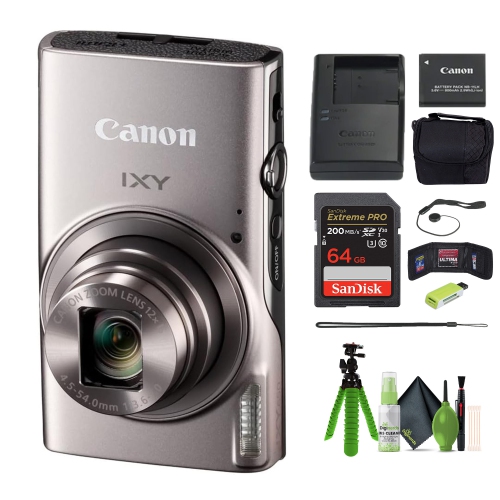 Canon Compact Digital Camera IXY 650 12x Optical Zoom IXY650 Silver with 64GB Card and Tripod Bundle