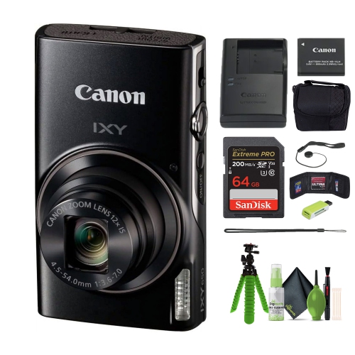 Canon Compact Digital Camera IXY 650 12x Optical Zoom IXY650 Black with 64GB Card and Tripod Bundle