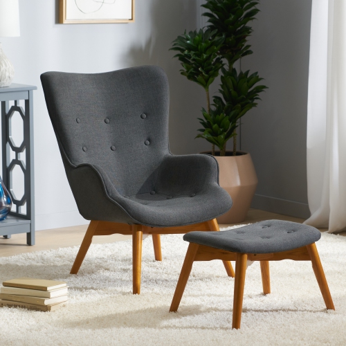 Fauteuil moderne mid Century avec pouf, fauteuil d'appoint capitonné à oreilles avec repose-pieds assorti, tissu recouvert