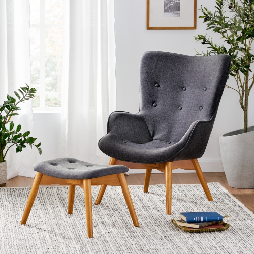 Fauteuil moderne mid Century avec pouf, fauteuil d'appoint capitonné à oreilles avec repose-pieds assorti, tissu recouvert