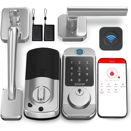 Wi-Fi Front Door Lock Set with Fingerprint Access, Keyless Entry, Digital Keypad, Bluetooth, Auto Lock, and Smartphone Control – Great for Rentals