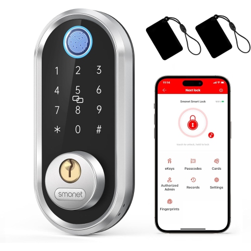 Smart Deadbolt Lock with Fingerprint and Keypad, Keyless Entry, Smartphone Control, Easy Key Sharing, and Auto Lock – Great for Homes and Hotels