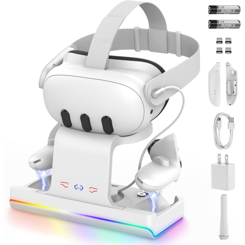 Charging Dock compatible with Meta Quest 3 Fast Charging Stand for VR Headset & Controllers with RGB LED Light, Includes 2 Rechargeable Batteries, Es