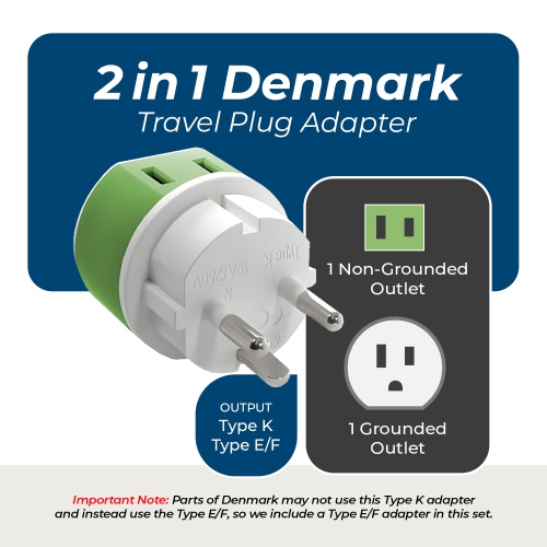 Denmark Travel Adapter - 2 in 1 - Type K - Compact Design