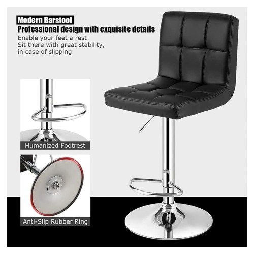 Lennox Furniture 360-Degree Set of 2 Swivel Adjustable Height Black Bounded Leather Bar Stool Chair, with Backrest & S..