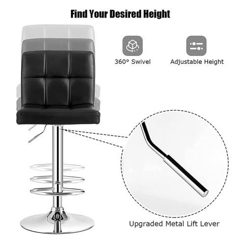 Lennox Furniture 360-Degree Set of 2 Swivel Adjustable Height Black Bounded Leather Bar Stool Chair, with Backrest & S..