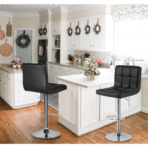 Lennox Furniture 360-Degree Set of 2 Swivel Adjustable Height Black Bounded Leather Bar Stool Chair, with Backrest & S..