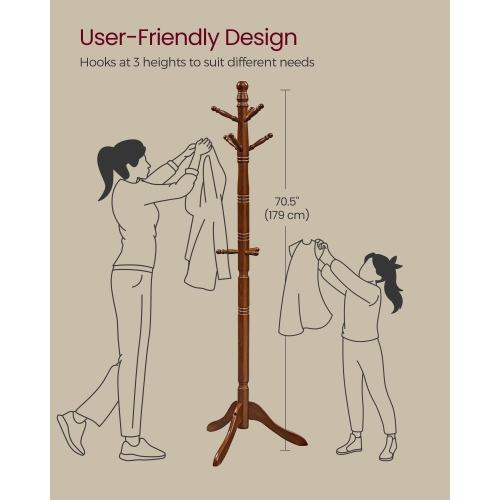 Portemanteau VASAGLE, portemanteau en bois massif, portemanteau autonome à 10 crochets, URCR03WN noyer foncé