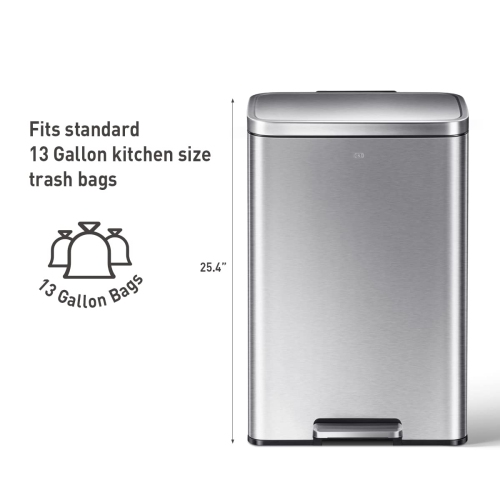 EKO Madison Brushed Stainless Large 50 Liter/13.2 Gallon Step Trash Can with Inner Liner - Fingerprint Resistant Finish