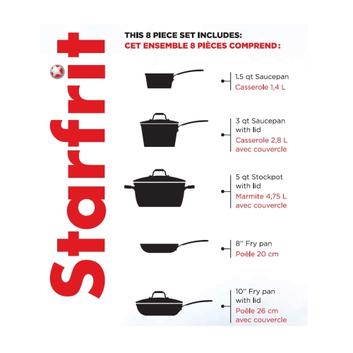 Batterie de cuisine antiadhésive 8 pièces The Rock de Starfrit - Aluminium forgé durable - Va au four - Sans APFO - Facile à nettoyer - Noir