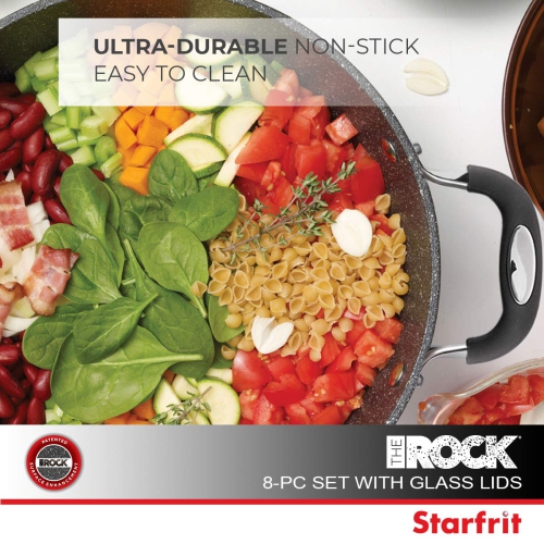 Batterie de cuisine antiadhésive 8 pièces The Rock de Starfrit - Aluminium forgé durable - Va au four - Sans APFO - Facile à nettoyer - Noir