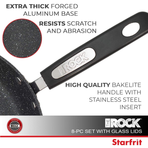 Batterie de cuisine antiadhésive 8 pièces The Rock de Starfrit - Aluminium forgé durable - Va au four - Sans APFO - Facile à nettoyer - Noir