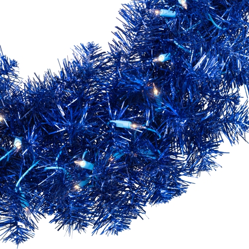 Pre-Lit Artificial Tinsel Christmas Wreath - 24" - Blue - Clear Lights