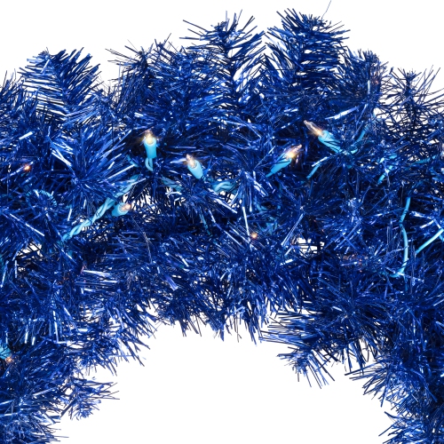 Pre-Lit Artificial Tinsel Christmas Wreath - 24" - Blue - Clear Lights
