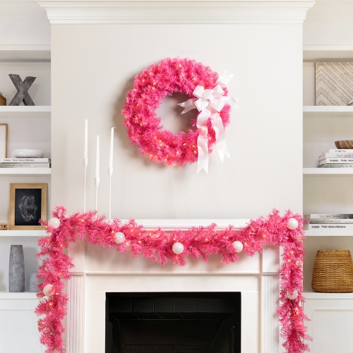 Pre-Lit Tinsel Artificial Christmas Wreath - 24" - Pink - Clear Lights