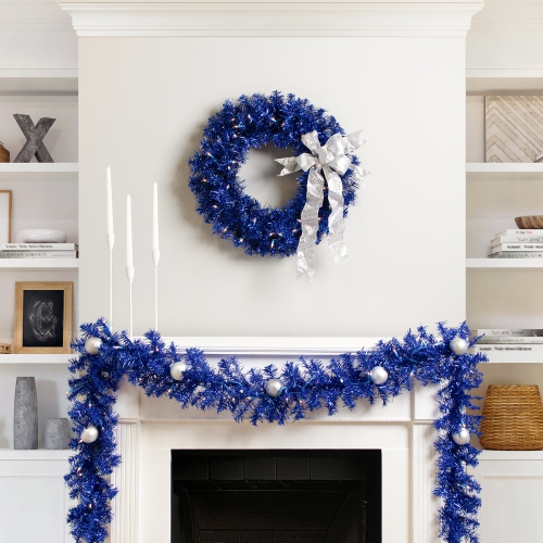 Pre-Lit Artificial Tinsel Christmas Garland - 9' x 8" - Blue - Clear Lights