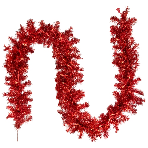 Pre-Lit Tinsel Artificial Christmas Garland - 9' x 8" - Red - Clear Lights