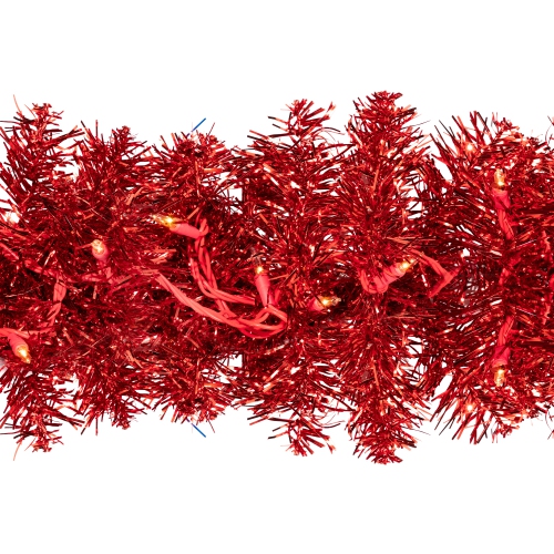 Pre-Lit Tinsel Artificial Christmas Garland - 9' x 8" - Red - Clear Lights